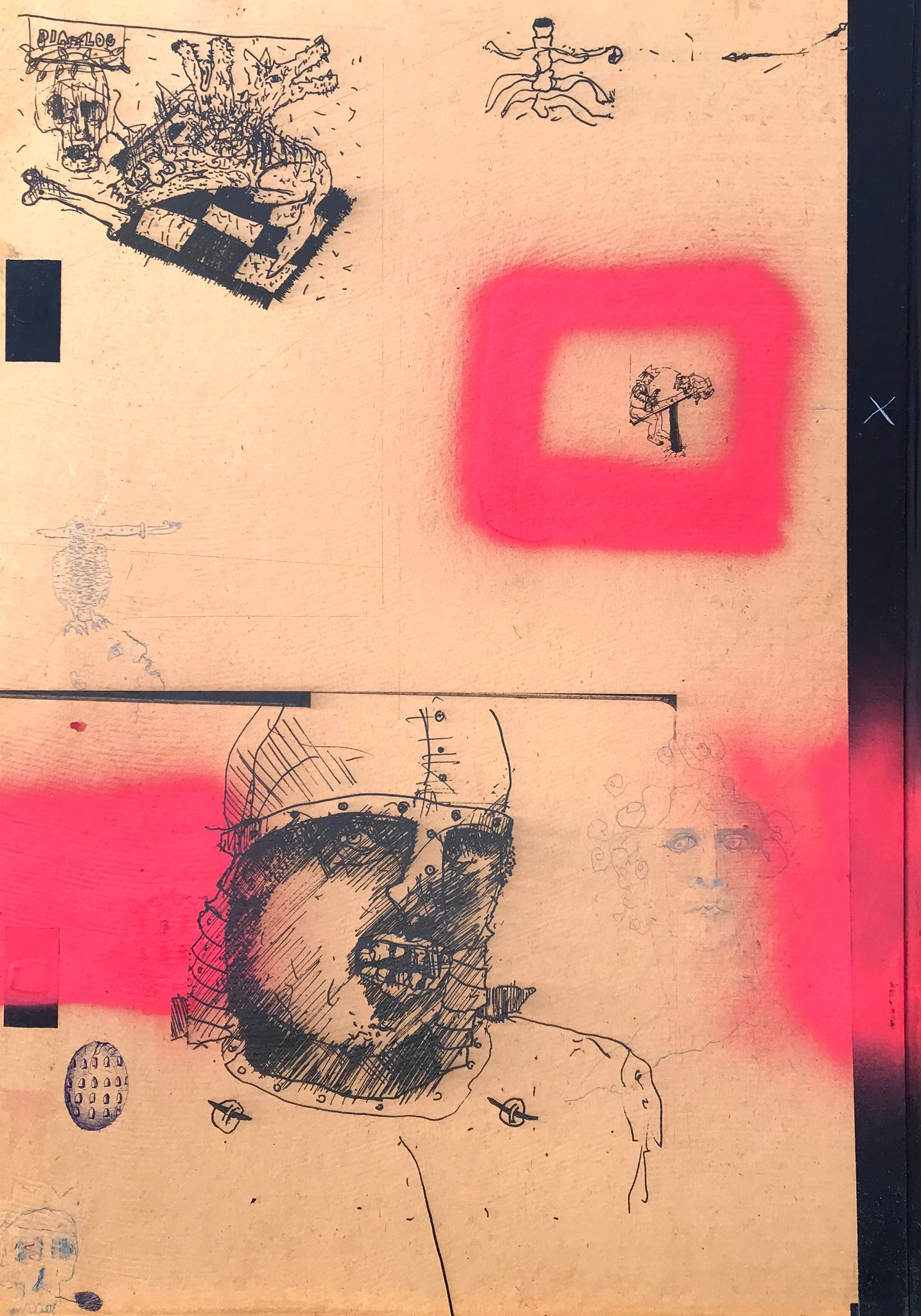 Sebastian Kubica, Petit déjeuner avec Cerbère, crayon, stylo, crayon de couleur, acrylique, impression UV sur carton, 100x70 cm